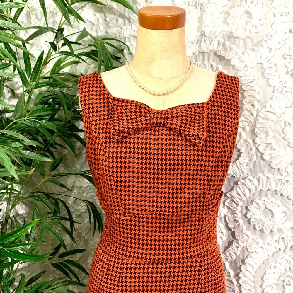 “Stop Staring” pumpkin orange and black houndstooth retro  look fitted dress- S - Picture 5 of 15